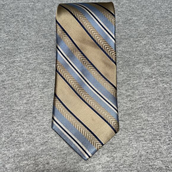 Paul Dione Men's 100% Silk Neck Tie Repp Stripe 3.5"-60" Beige/Blue Classic - Picture 1 of 5